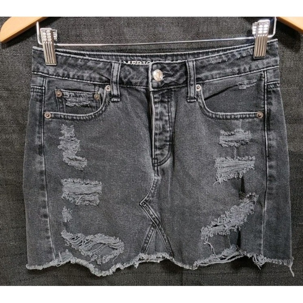 American Eagle‎ Jean Mini Skirt Womens 2 Black Denim Distressed Moto Grunge NEW